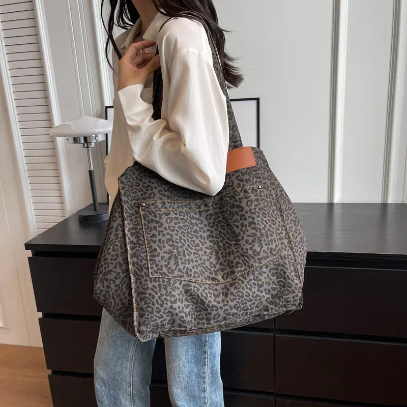 Savannah - Oversized Leopard Print Canvas Tote Bag